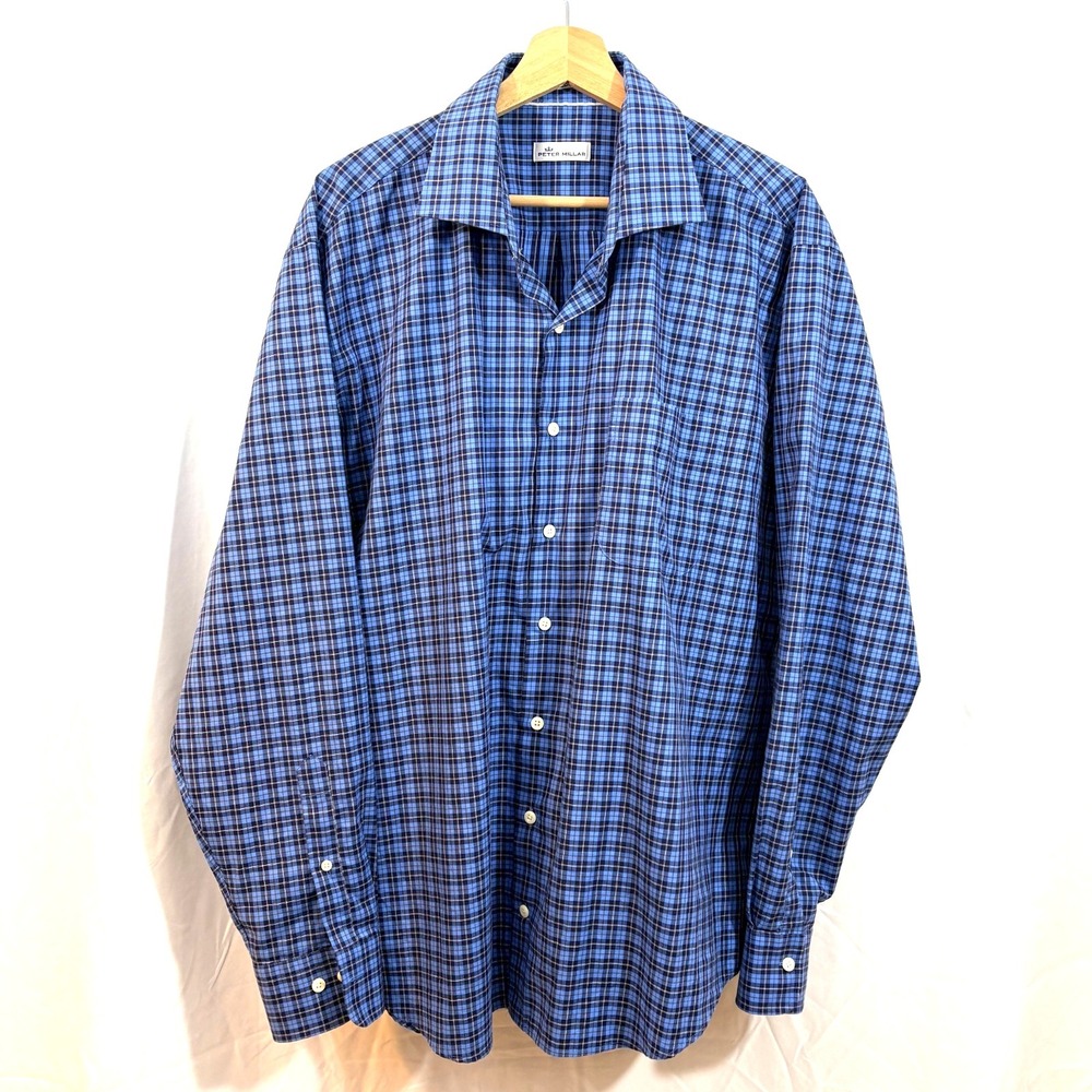 Peter Millar Northgate 100% Cotton Blue Plaid Sport Shirt Long Sleeve,‎ Size XL